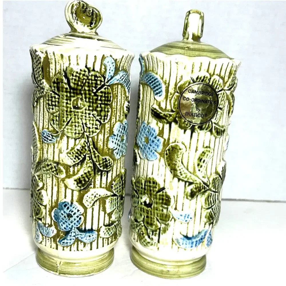 Vintage MCM Green/Blue Floral Inarco Salt‎ and Pepper Shakers